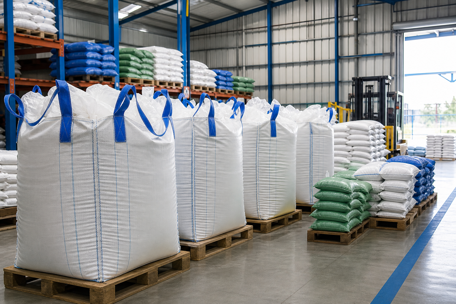 Bulk PP woven bags ready for factory dispatch